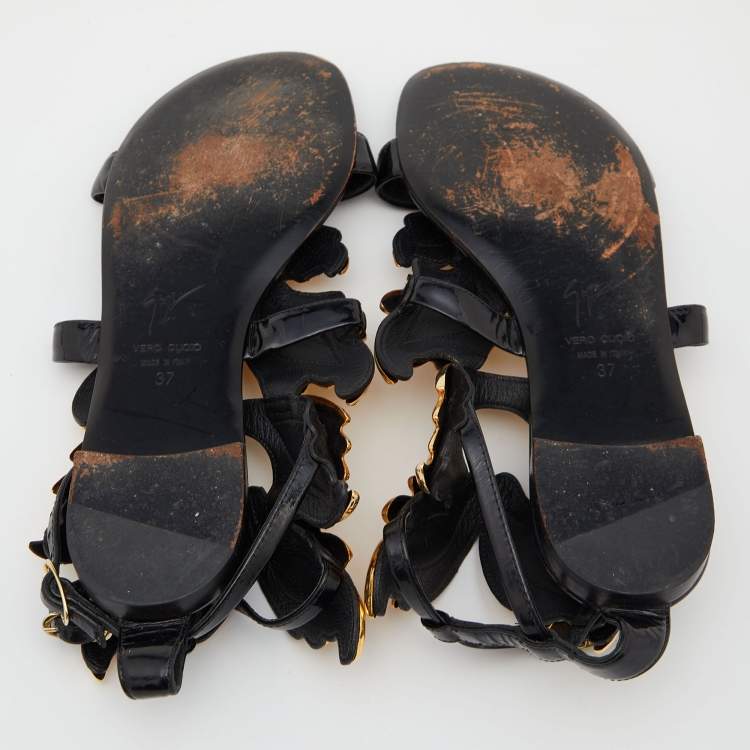 Pre Owned Giuseppe Zanotti Black/Gold Patent Leather Cruel Ankle Strap Flats Size 37