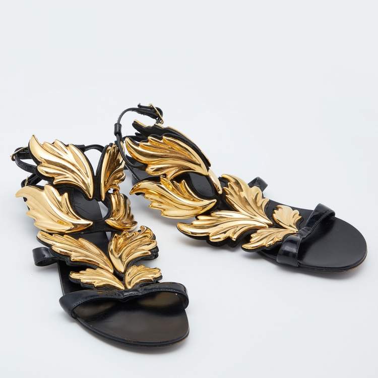 Pre Owned Giuseppe Zanotti Black/Gold Patent Leather Cruel Ankle Strap Flats Size 37