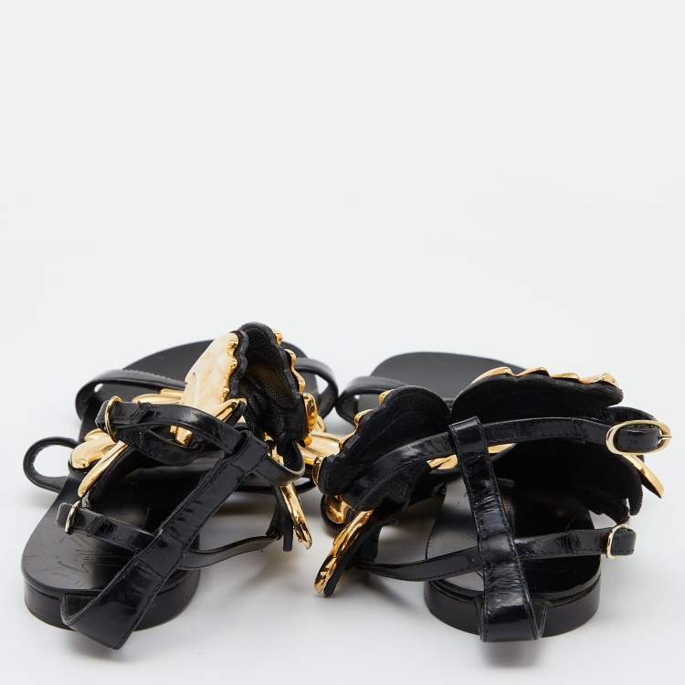 Pre Owned Giuseppe Zanotti Black/Gold Patent Leather Cruel Ankle Strap Flats Size 37