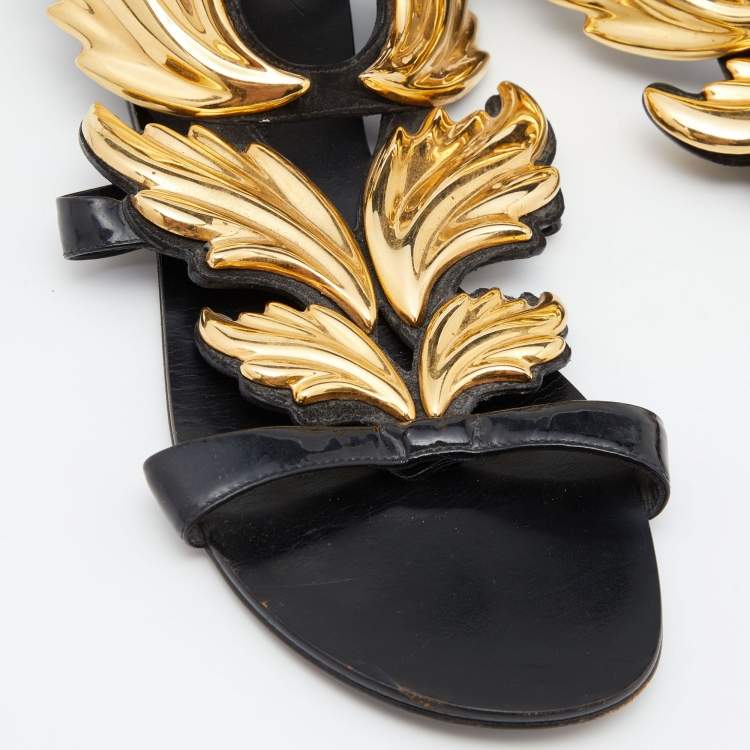 Pre Owned Giuseppe Zanotti Black/Gold Patent Leather Cruel Ankle Strap Flats Size 37