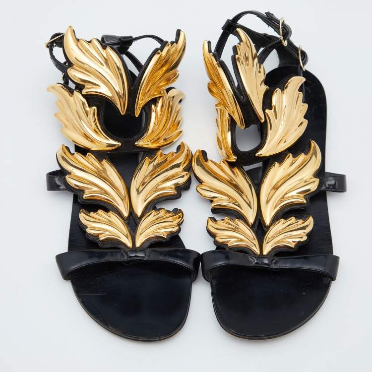 Pre Owned Giuseppe Zanotti Black/Gold Patent Leather Cruel Ankle Strap Flats Size 37