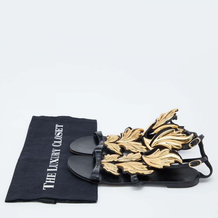 Pre Owned Giuseppe Zanotti Black/Gold Patent Leather Cruel Ankle Strap Flats Size 37