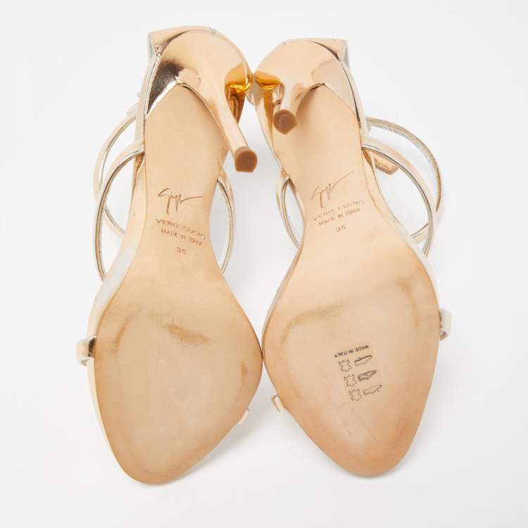 Pre Owned Giuseppe Zanotti  Metallic Rose Gold Foil Leather Harmony  Ankle Cuff Sandals Size 35