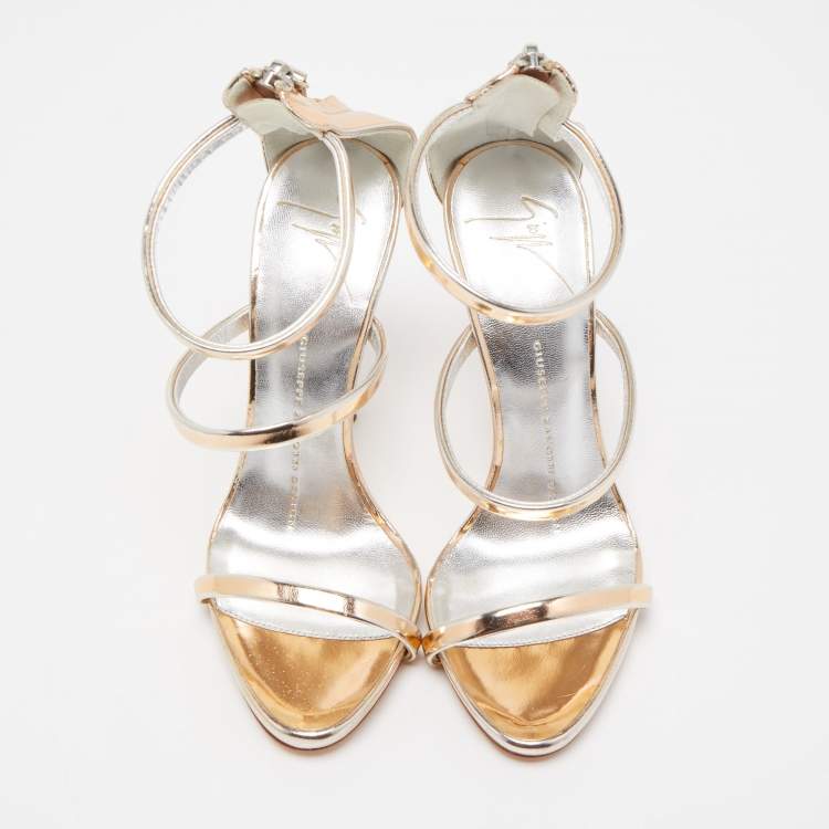 Pre Owned Giuseppe Zanotti  Metallic Rose Gold Foil Leather Harmony  Ankle Cuff Sandals Size 35