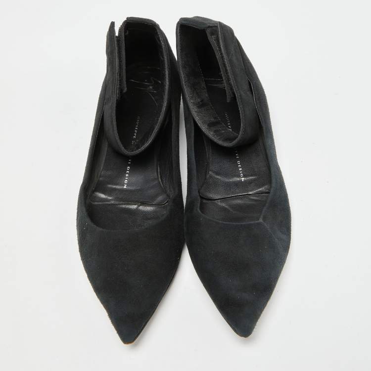 Pre Owned Giuseppe Zanotti Black Suede Ankle Strap Ballet Flats Size 37
