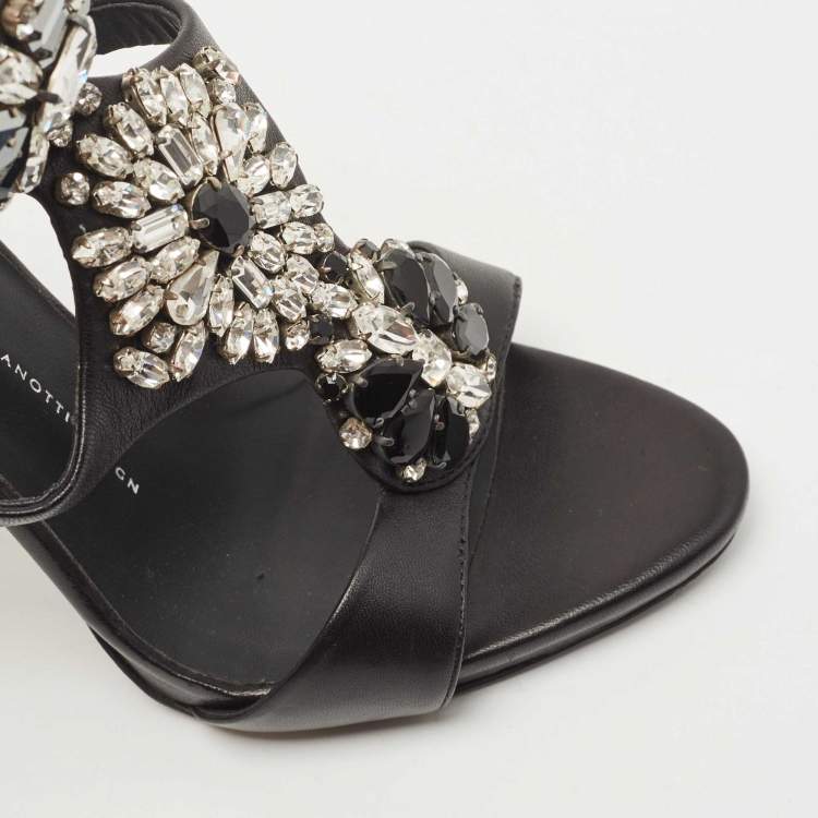 Pre Owned Giuseppe Zanotti Black Leather Crystal Embellished Strappy Sandals Size 39