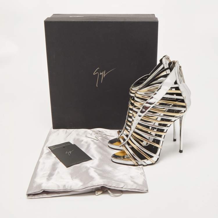 Pre Owned Giuseppe Zanotti Gold/Silver Foil Leather Strappy Ankle Booties Size 37.5