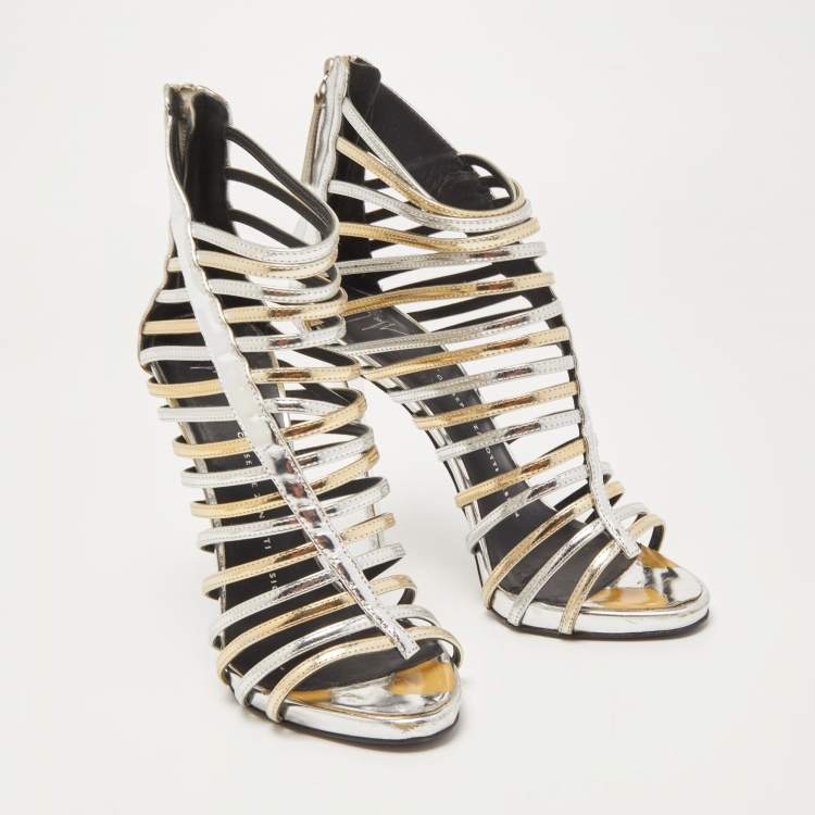 Pre Owned Giuseppe Zanotti Gold/Silver Foil Leather Strappy Ankle Booties Size 37.5