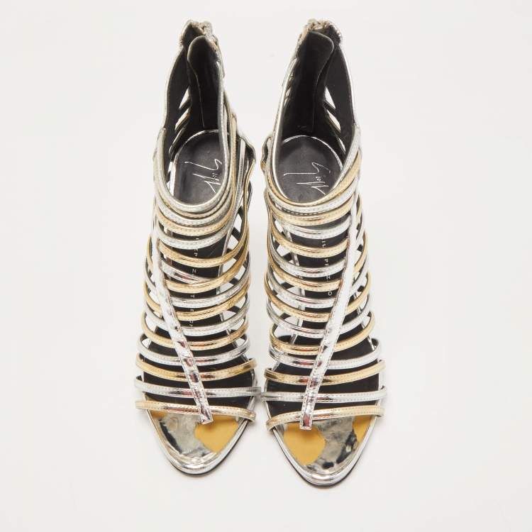 Pre Owned Giuseppe Zanotti Gold/Silver Foil Leather Strappy Ankle Booties Size 37.5