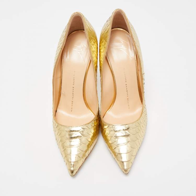 Pre Owned Giuseppe Zanotti Gold Python Embossed Pointed Toe Pumps Size 37.5
