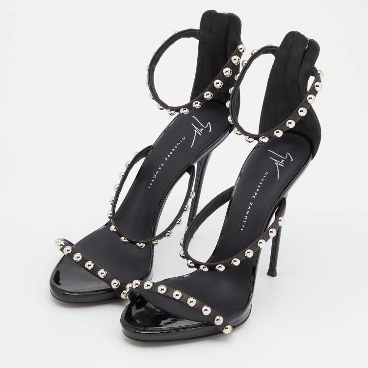 Pre Owned Giuseppe Zanotti Black Leather Embellished Ankle Strap Sandals Size 38.5