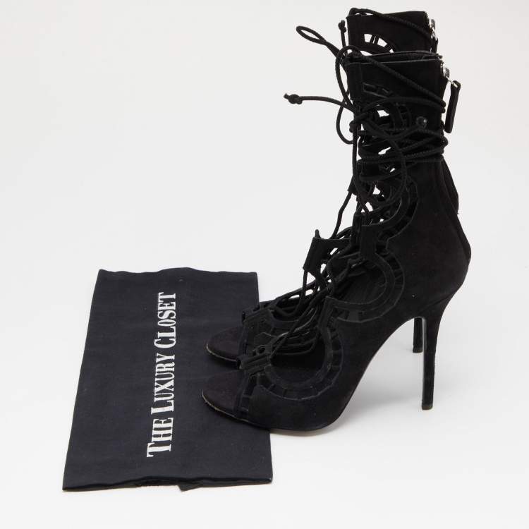 Pre Owned Giuseppe Zanotti Black Suede Cut Out Strappy High Peep Toe Sandals Size 38.5 