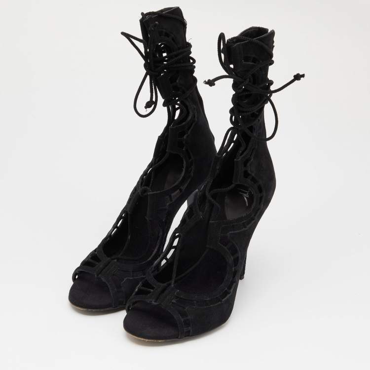 Pre Owned Giuseppe Zanotti Black Suede Cut Out Strappy High Peep Toe Sandals Size 38.5 