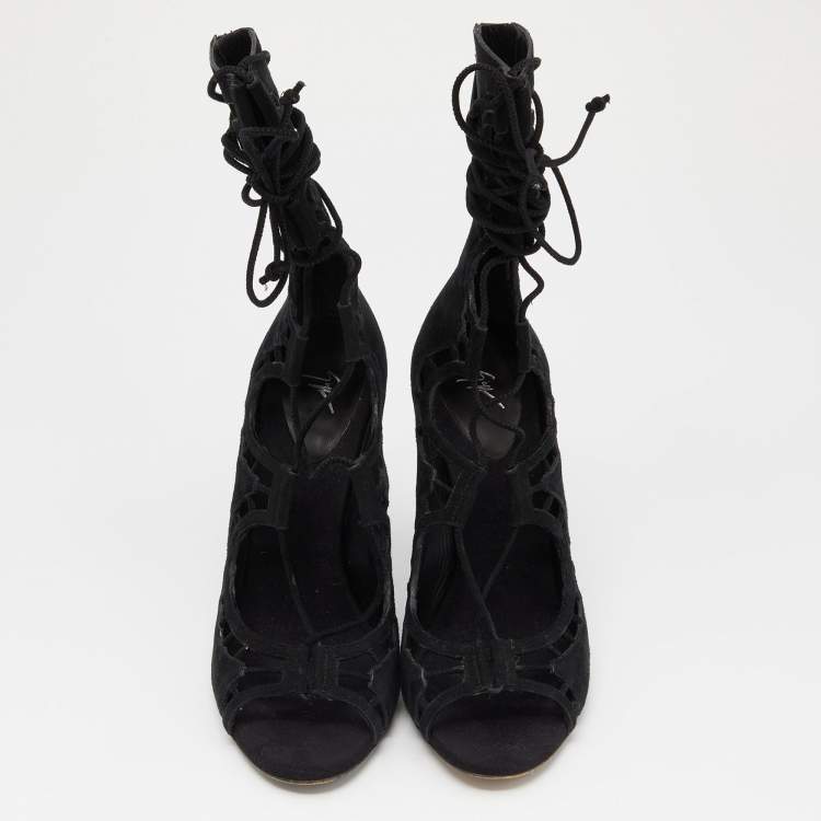 Pre Owned Giuseppe Zanotti Black Suede Cut Out Strappy High Peep Toe Sandals Size 38.5 