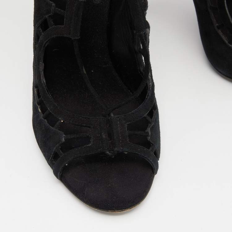 Pre Owned Giuseppe Zanotti Black Suede Cut Out Strappy High Peep Toe Sandals Size 38.5 