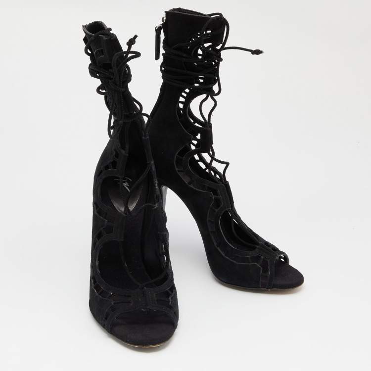 Pre Owned Giuseppe Zanotti Black Suede Cut Out Strappy High Peep Toe Sandals Size 38.5 