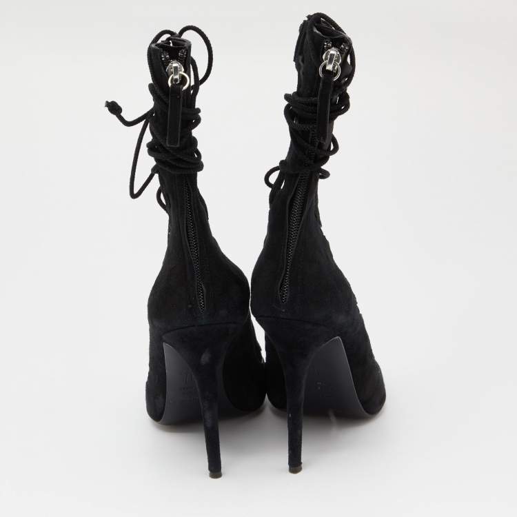 Pre Owned Giuseppe Zanotti Black Suede Cut Out Strappy High Peep Toe Sandals Size 38.5 