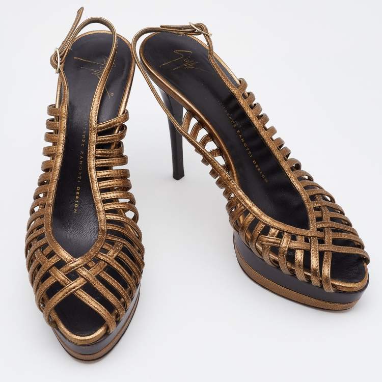 Pre Owned Giuseppe Zanotti Gold/Brown Leather Strappy Platform Sandals Size 39
