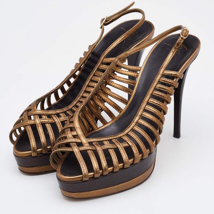 Pre Owned Giuseppe Zanotti Gold/Brown Leather Strappy Platform Sandals Size 39
