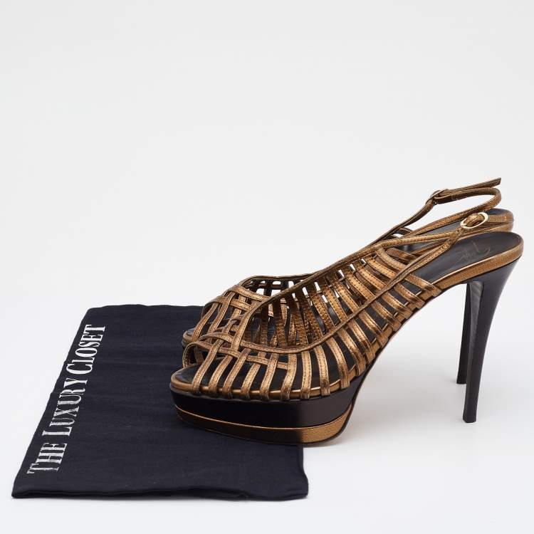 Pre Owned Giuseppe Zanotti Gold/Brown Leather Strappy Platform Sandals Size 39