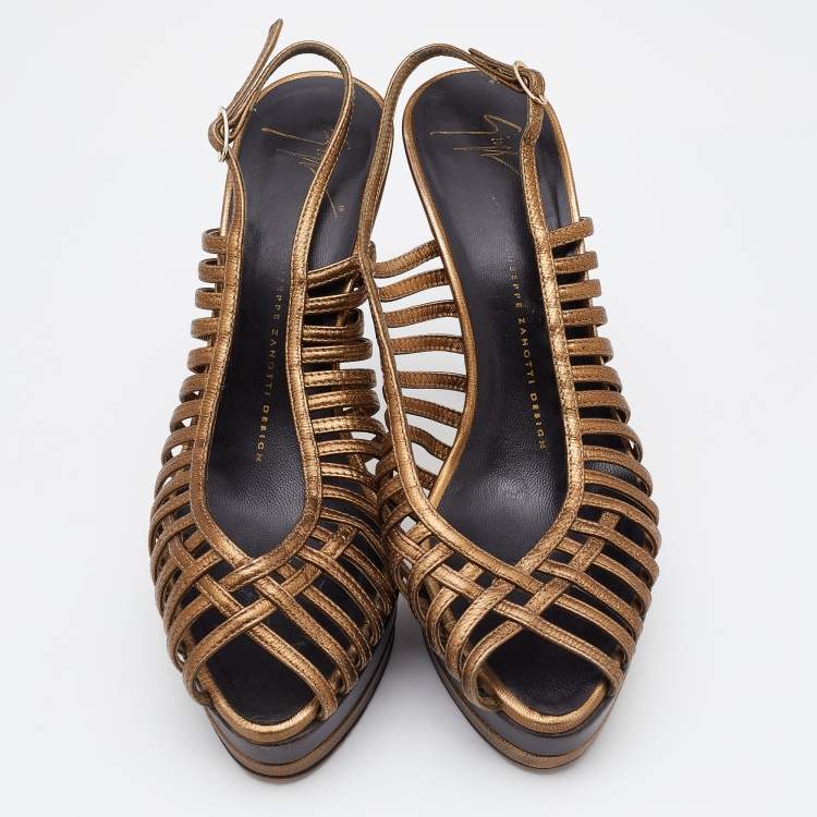Pre Owned Giuseppe Zanotti Gold/Brown Leather Strappy Platform Sandals Size 39