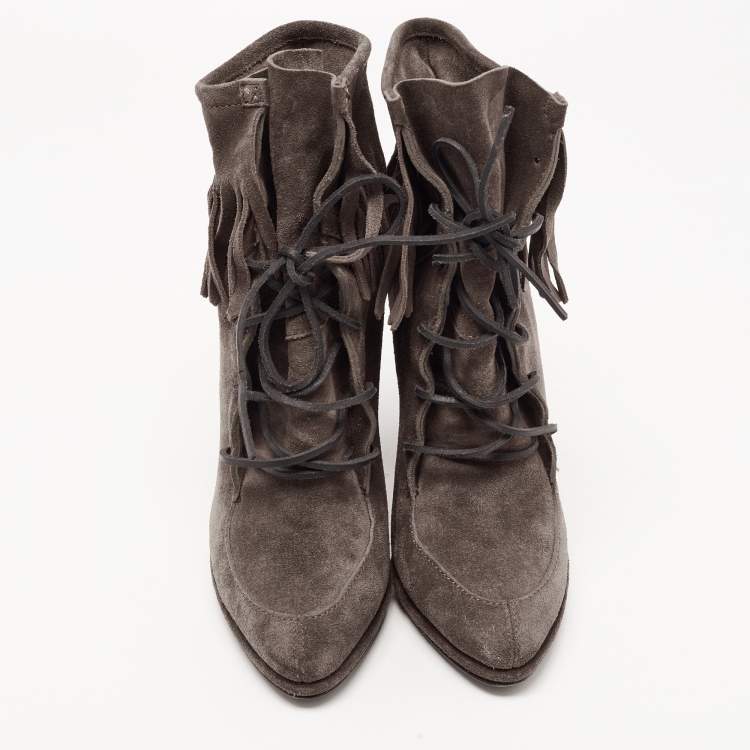 Pre Owned Giuseppe Zanotti Dark Grey Suede Fringe Detail Ankle Booties Size 39