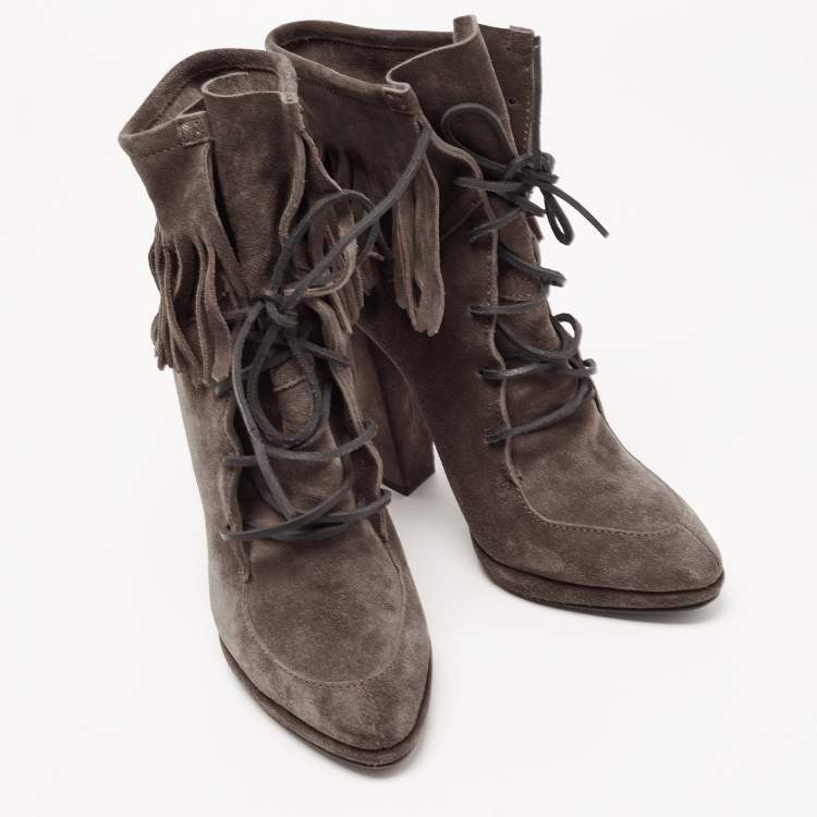 Pre Owned Giuseppe Zanotti Dark Grey Suede Fringe Detail Ankle Booties Size 39