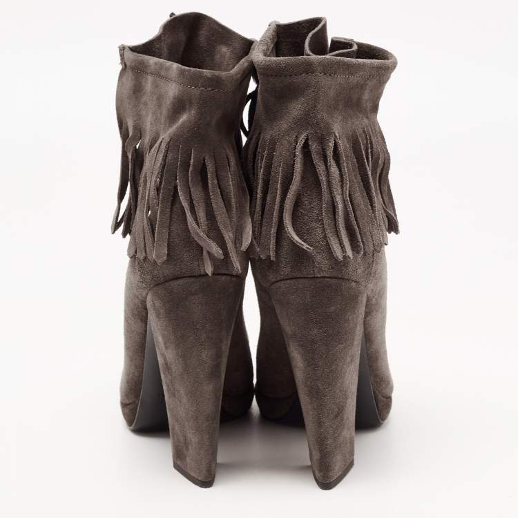 Pre Owned Giuseppe Zanotti Dark Grey Suede Fringe Detail Ankle Booties Size 39