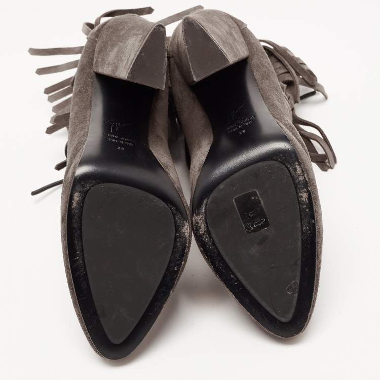 Pre Owned Giuseppe Zanotti Dark Grey Suede Fringe Detail Ankle Booties Size 39