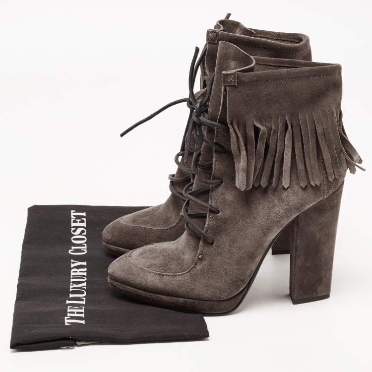 Pre Owned Giuseppe Zanotti Dark Grey Suede Fringe Detail Ankle Booties Size 39