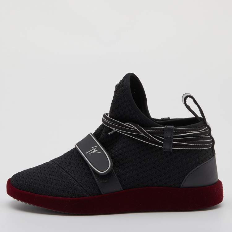Pre Owned Giuseppe Zanotti Black/Red Knit Fabric and Leather Slip On Sneakers Size 36