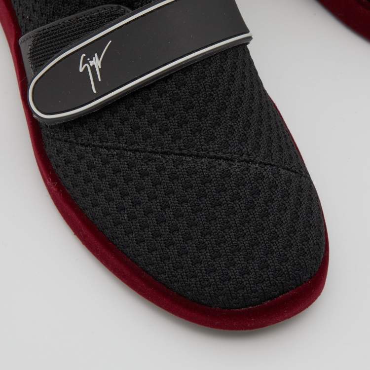 Pre Owned Giuseppe Zanotti Black/Red Knit Fabric and Leather Slip On Sneakers Size 36