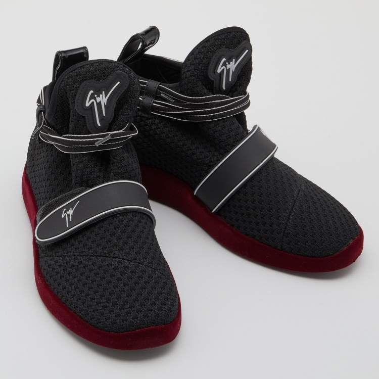 Pre Owned Giuseppe Zanotti Black/Red Knit Fabric and Leather Slip On Sneakers Size 36