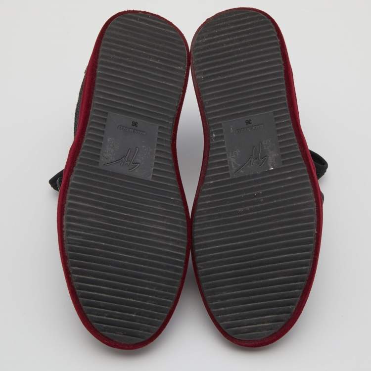 Pre Owned Giuseppe Zanotti Black/Red Knit Fabric and Leather Slip On Sneakers Size 36