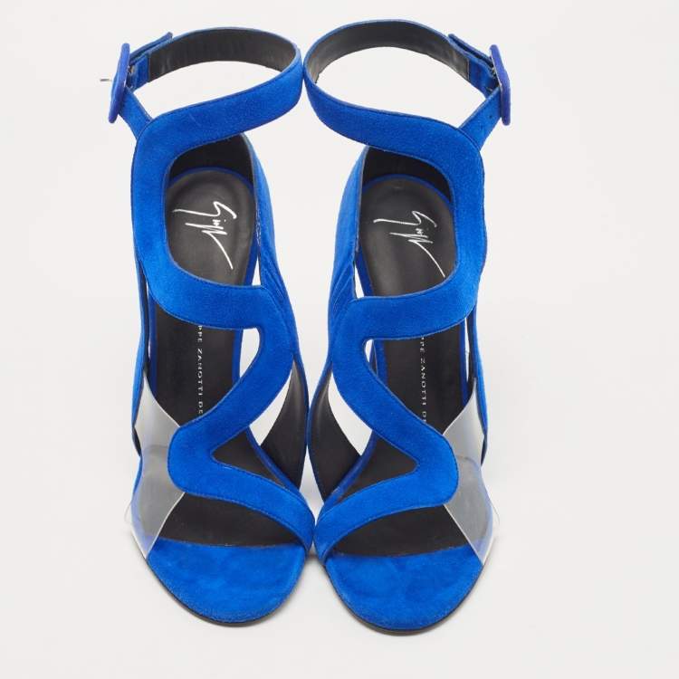 Pre Owned Giuseppe Zanotti Blue Suede and PVC Ankle Strap Sandals Size 39