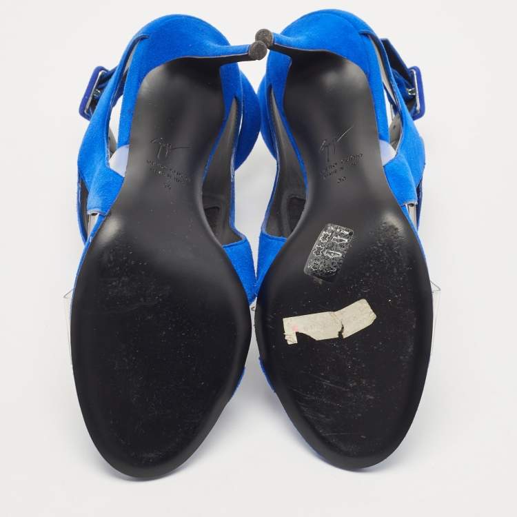 Pre Owned Giuseppe Zanotti Blue Suede and PVC Ankle Strap Sandals Size 39