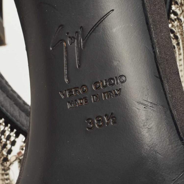 مملوكة مسبقًا Giuseppe Zanotti Black Satin Crystal Fringe Slide Sandals Size 38.5