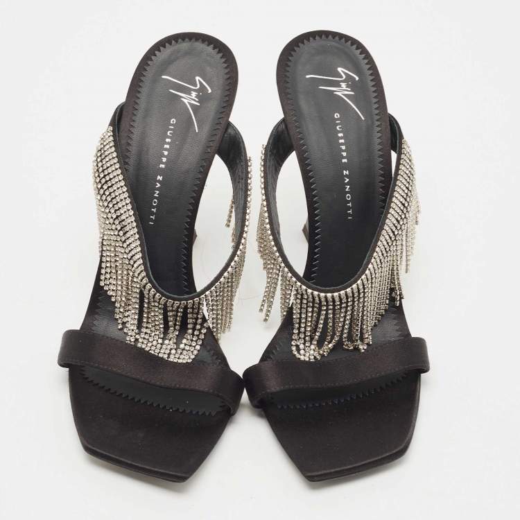 مملوكة مسبقًا Giuseppe Zanotti Black Satin Crystal Fringe Slide Sandals Size 38.5