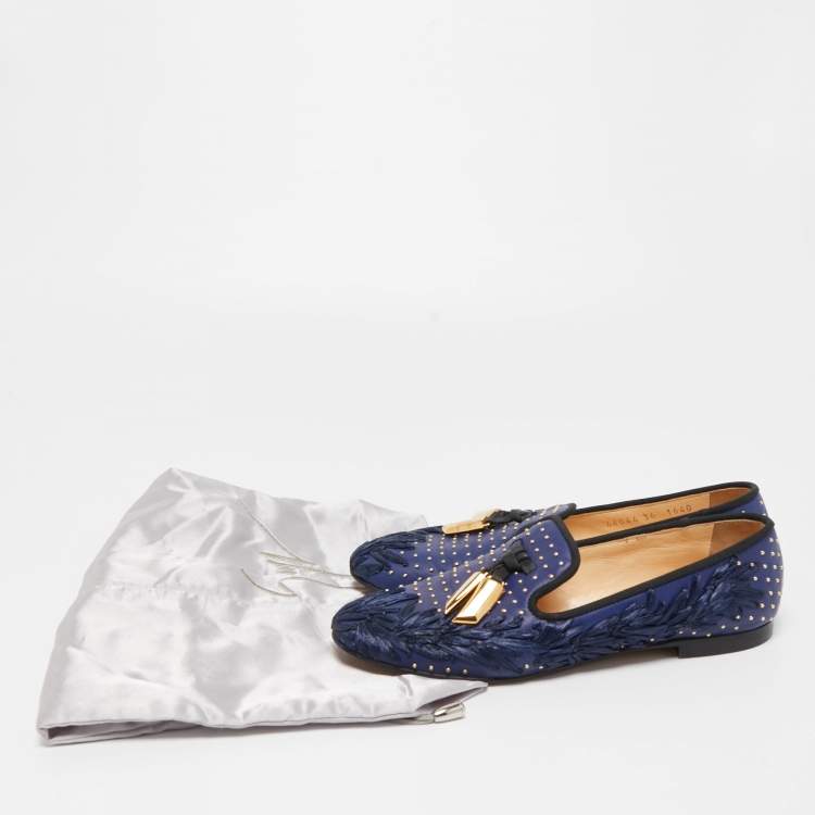 Pre Owned Giuseppe Zanotti Blue Studded Canvas Lucia Shark Tooth Smoking Slippers Size 36