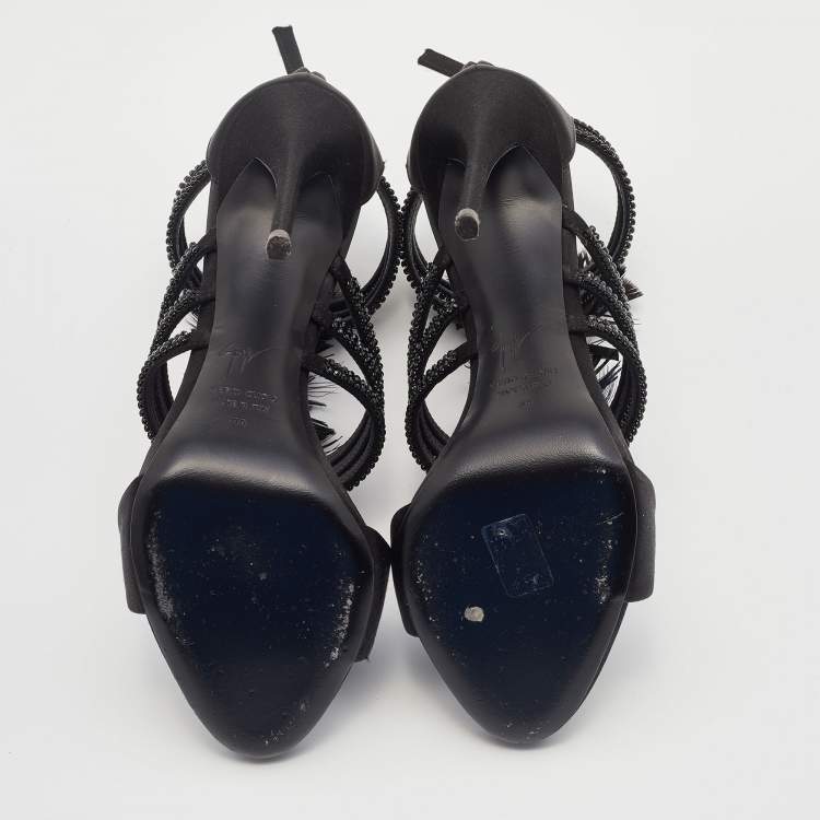Pre Owned Giuseppe Zanotti Black Feather and Satin Crystal Embellished Sandals Size 39