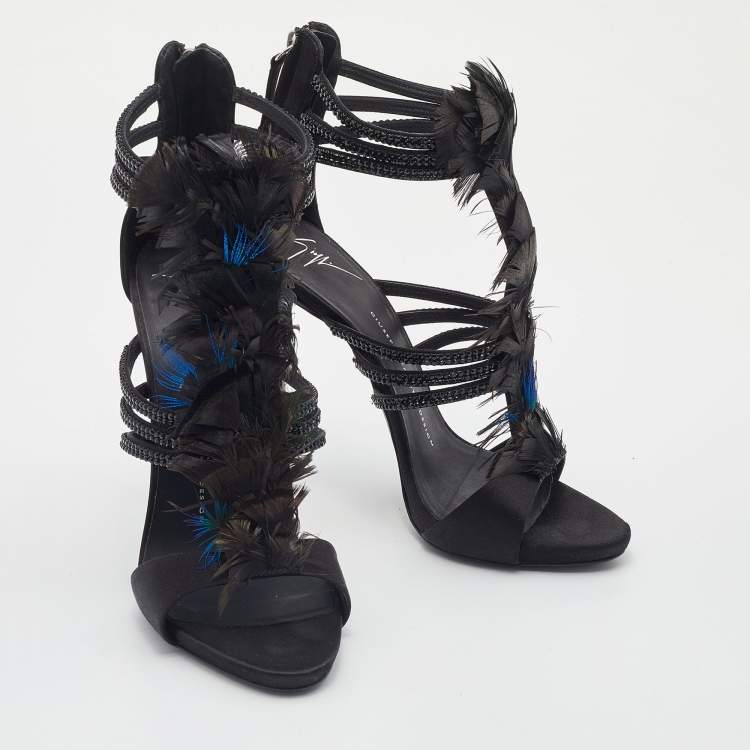 Pre Owned Giuseppe Zanotti Black Feather and Satin Crystal Embellished Sandals Size 39