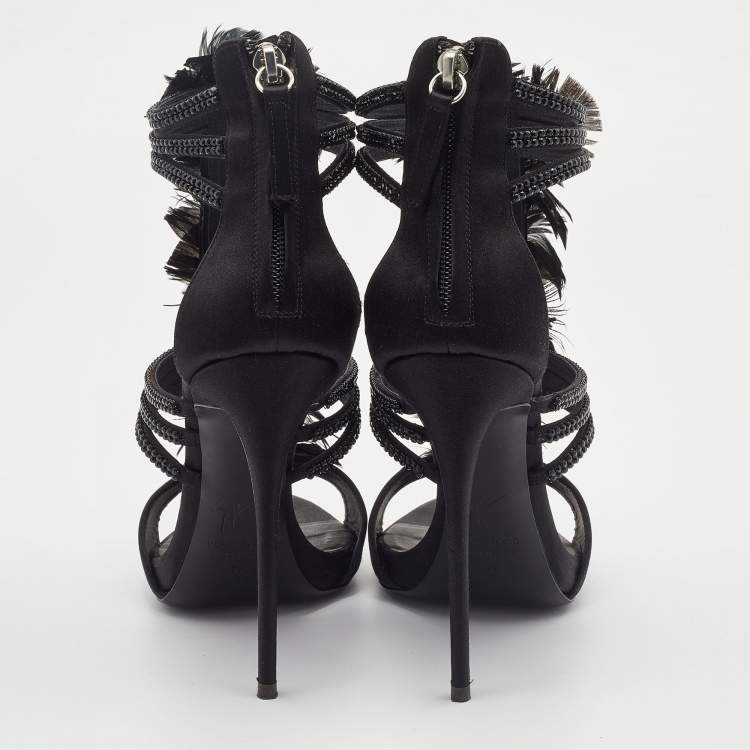 Pre Owned Giuseppe Zanotti Black Feather and Satin Crystal Embellished Sandals Size 39