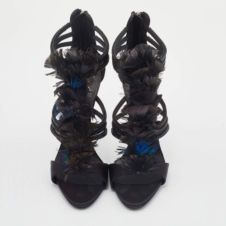 Pre Owned Giuseppe Zanotti Black Feather and Satin Crystal Embellished Sandals Size 39