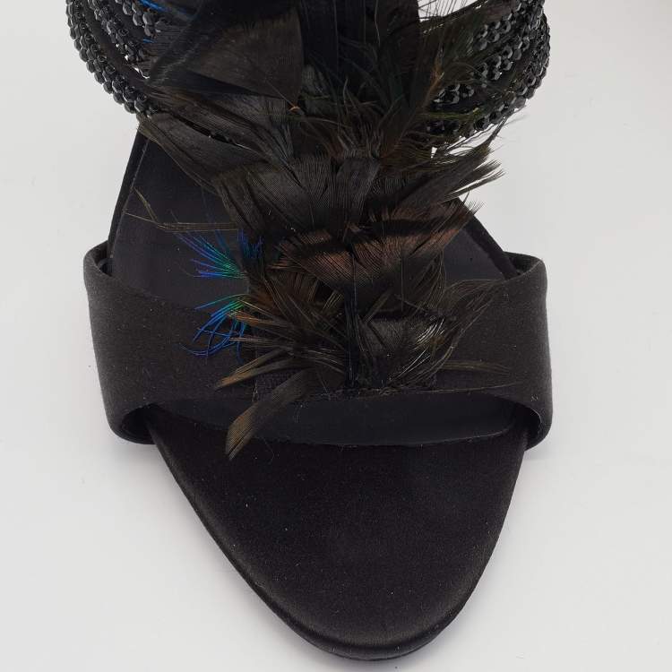 Pre Owned Giuseppe Zanotti Black Feather and Satin Crystal Embellished Sandals Size 39