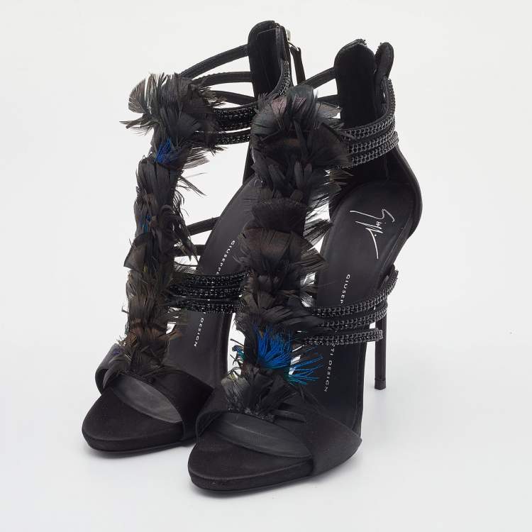 Pre Owned Giuseppe Zanotti Black Feather and Satin Crystal Embellished Sandals Size 39