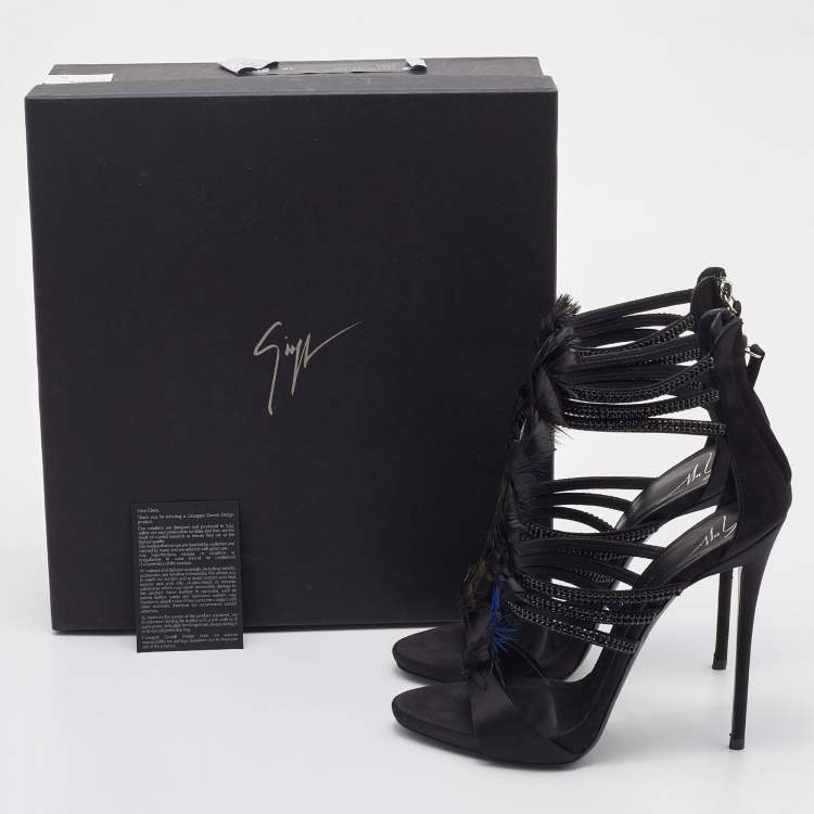 Pre Owned Giuseppe Zanotti Black Feather and Satin Crystal Embellished Sandals Size 39