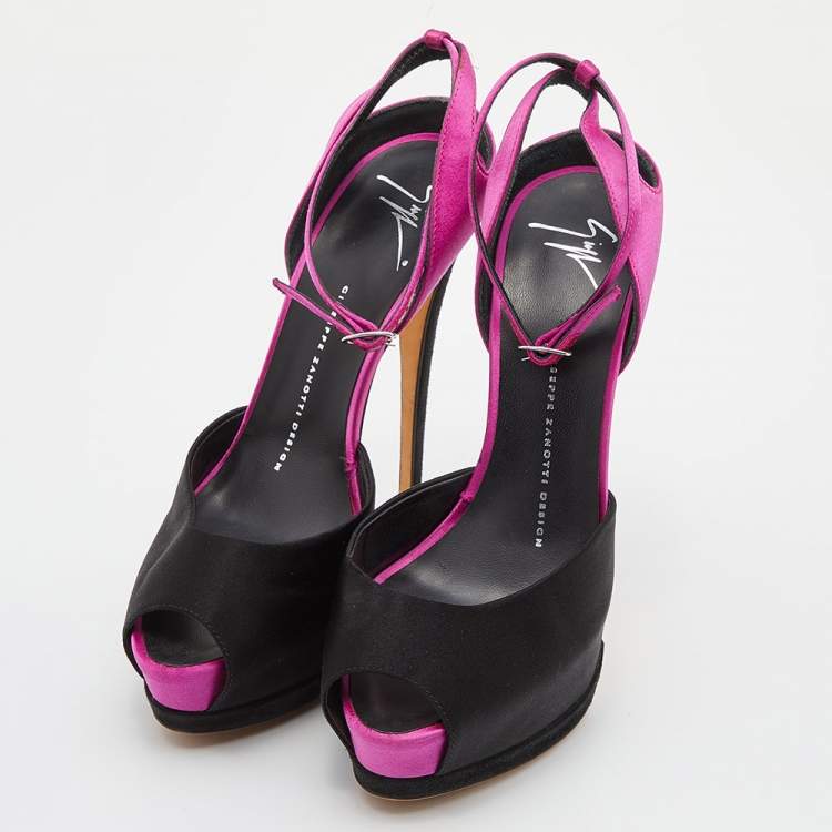Pre Owned Giuseppe Zanotti Black/Pink Satin and Suede Peep Toe Platform Ankle Sandals Size 38