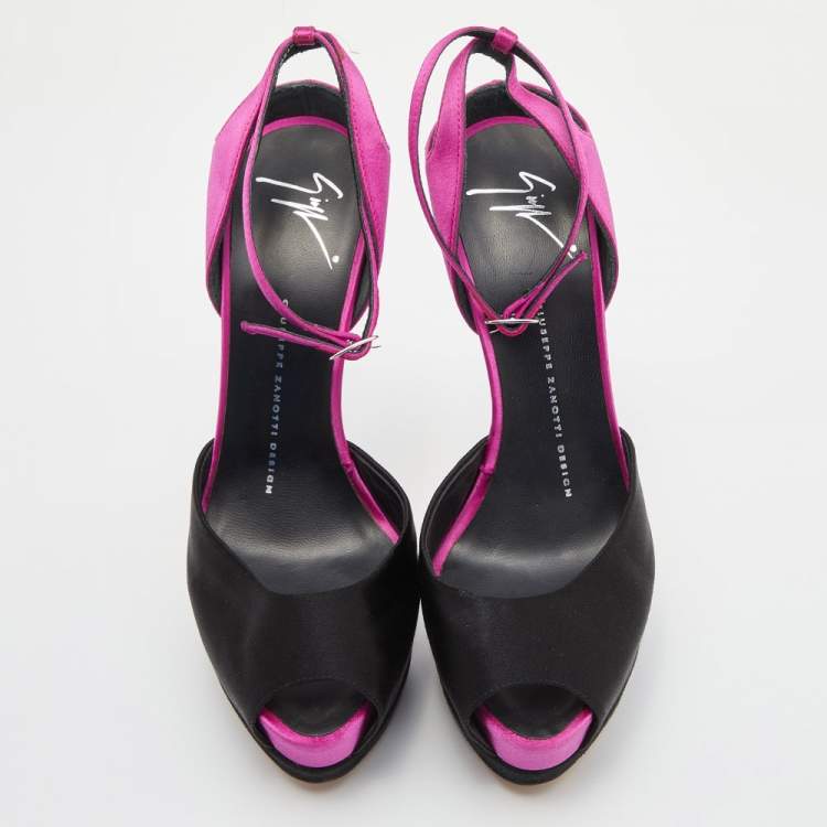 Pre Owned Giuseppe Zanotti Black/Pink Satin and Suede Peep Toe Platform Ankle Sandals Size 38