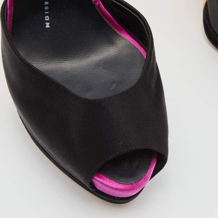 Pre Owned Giuseppe Zanotti Black/Pink Satin and Suede Peep Toe Platform Ankle Sandals Size 38