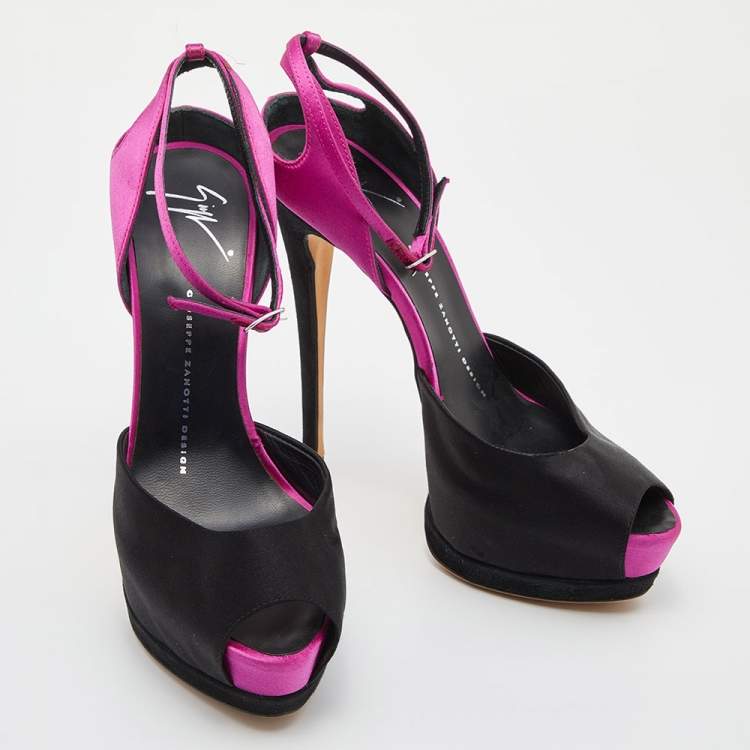 Pre Owned Giuseppe Zanotti Black/Pink Satin and Suede Peep Toe Platform Ankle Sandals Size 38